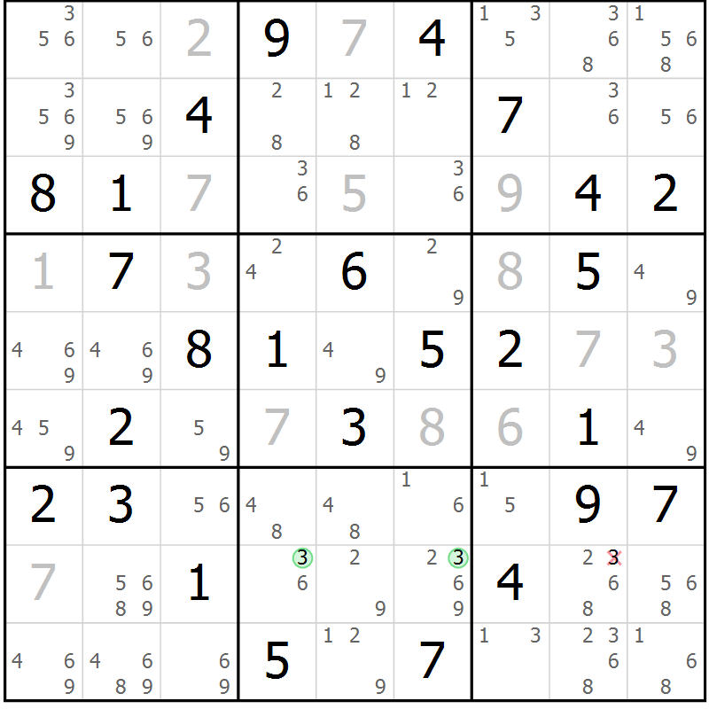 Position des candidats pour la solution de la Gr 108 page 111 du magazine de sudoku Giga sudoku niv 6-8 n° 032