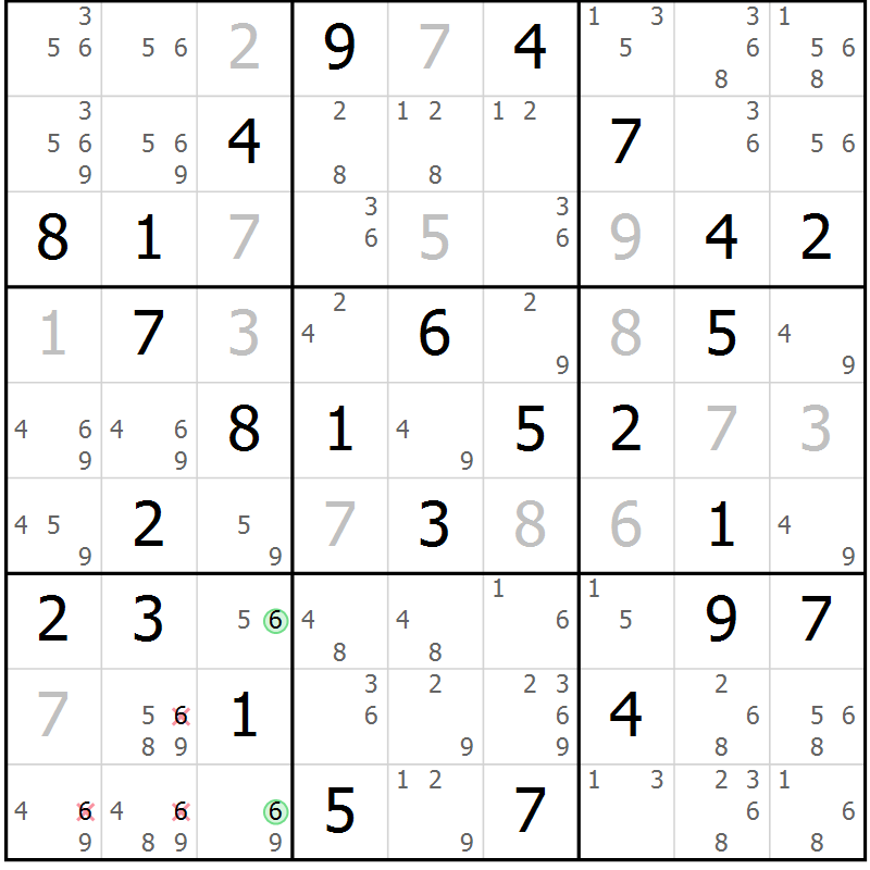 Position des candidats pour la solution de la Gr 108 page 111 du magazine de sudoku Giga sudoku niv 6-8 n° 032