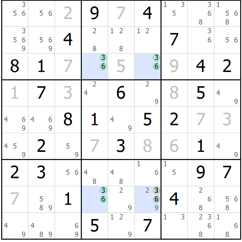 Position des candidats pour la solution de la Gr 108 page 111 du magazine de sudoku Giga sudoku niv 6-8 n° 032