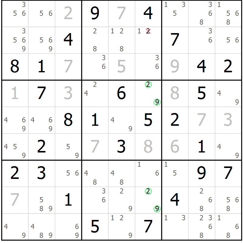 Position des candidats pour la solution de la Gr 108 page 111 du magazine de sudoku Giga sudoku niv 6-8 n° 032
