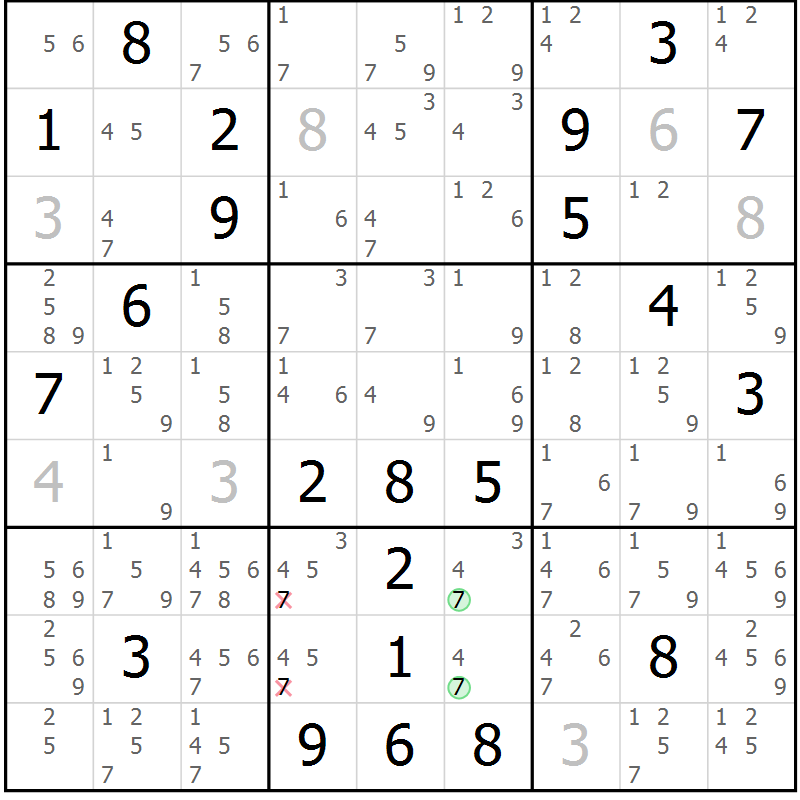 Position des candidats pour la solution de la Gr 109 page 112 du magazine de sudoku Giga sudoku niv 6-8 n° 032