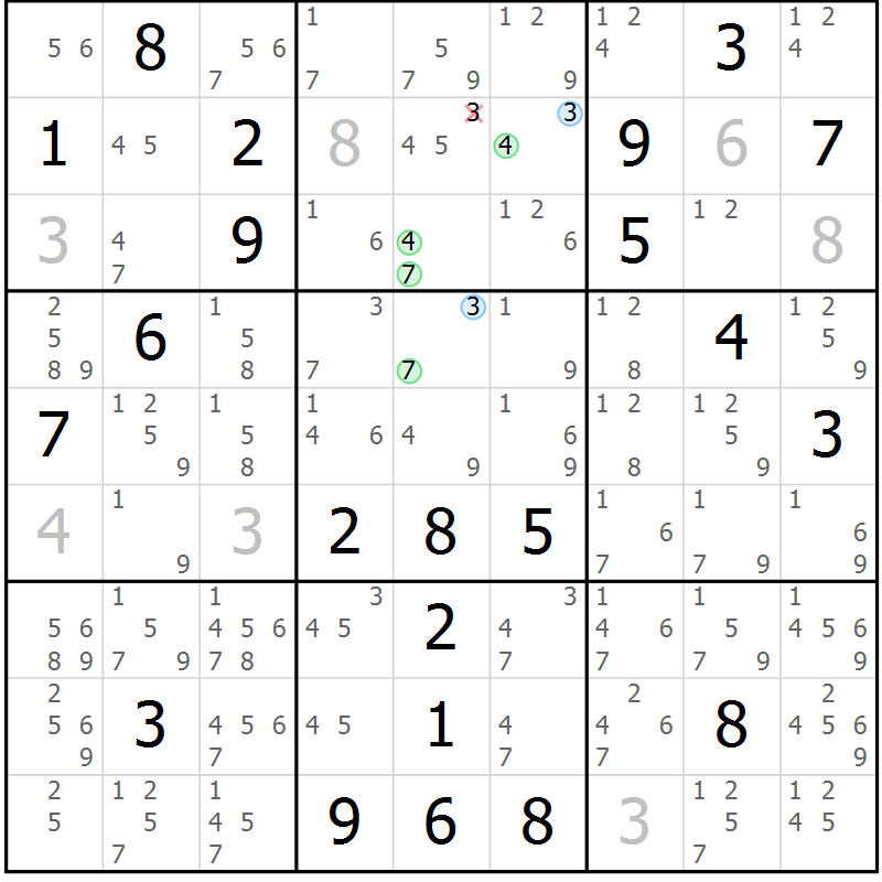 Position des candidats pour la solution de la Gr 109 page 112 du magazine de sudoku Giga sudoku niv 6-8 n° 032