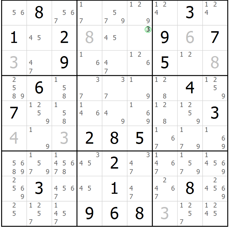 Position des candidats pour la solution de la Gr 109 page 112 du magazine de sudoku Giga sudoku niv 6-8 n° 032