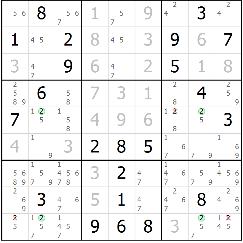 Position des candidats pour la solution de la Gr 109 page 112 du magazine de sudoku Giga sudoku niv 6-8 n° 032