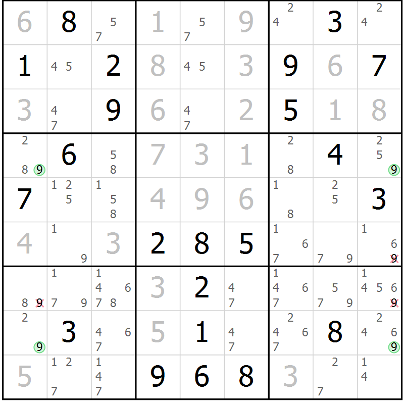 Position des candidats pour la solution de la Gr 109 page 112 du magazine de sudoku Giga sudoku niv 6-8 n° 032