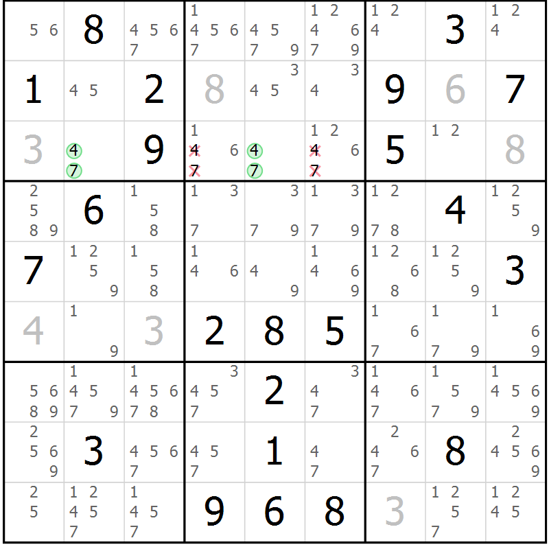Position des candidats pour la solution de la Gr 109 page 112 du magazine de sudoku Giga sudoku niv 6-8 n° 032