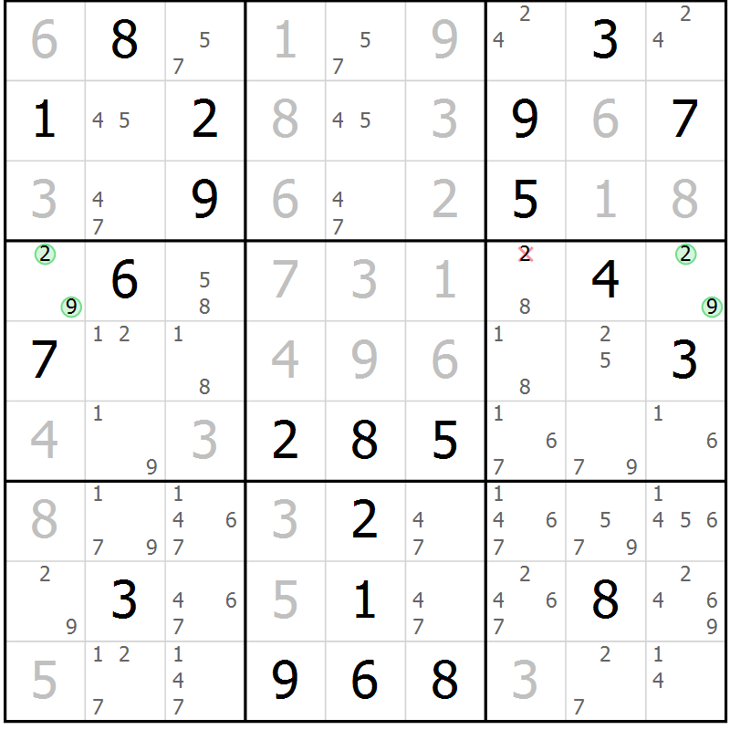 Position des candidats pour la solution de la Gr 109 page 112 du magazine de sudoku Giga sudoku niv 6-8 n° 032