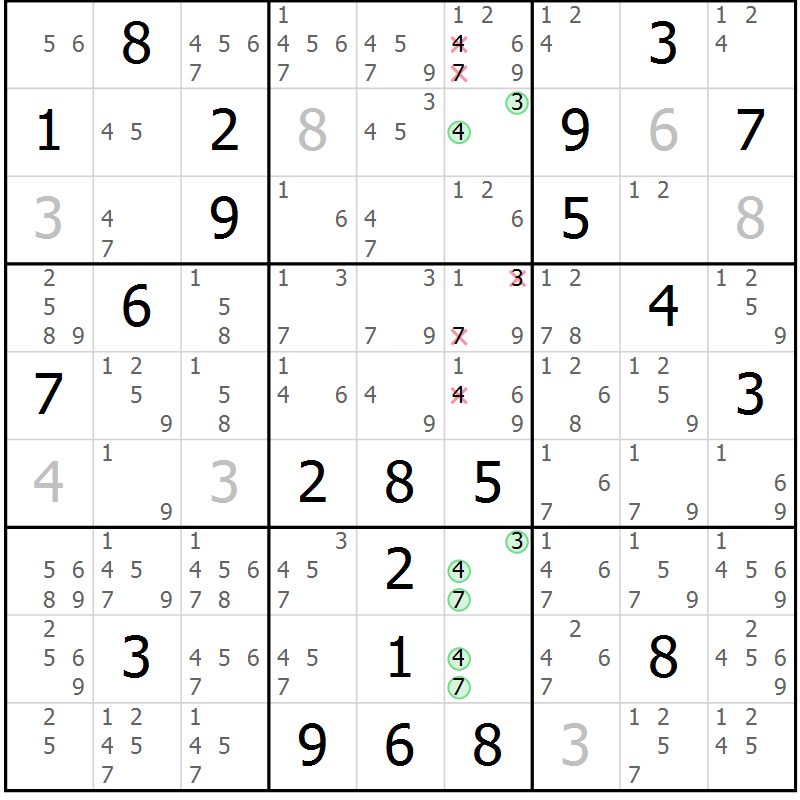 Position des candidats pour la solution de la Gr 109 page 112 du magazine de sudoku Giga sudoku niv 6-8 n° 032