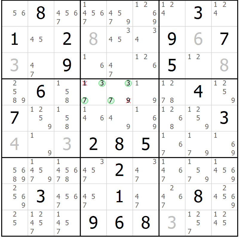 Position des candidats pour la solution de la Gr 109 page 112 du magazine de sudoku Giga sudoku niv 6-8 n° 032