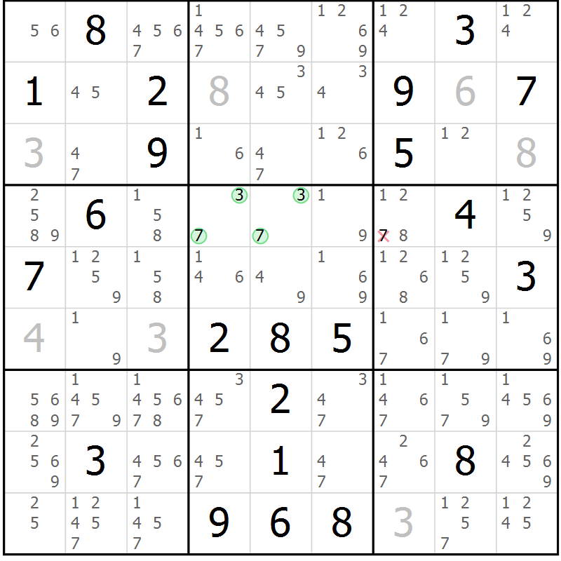 Position des candidats pour la solution de la Gr 109 page 112 du magazine de sudoku Giga sudoku niv 6-8 n° 032