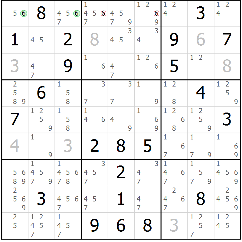 Position des candidats pour la solution de la Gr 109 page 112 du magazine de sudoku Giga sudoku niv 6-8 n° 032