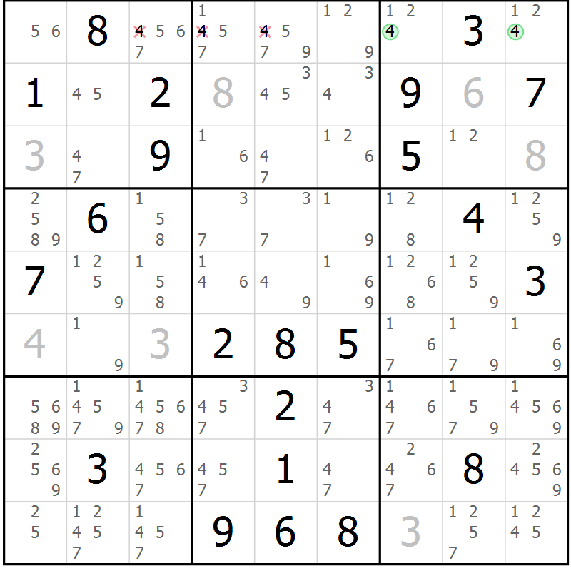 Position des candidats pour la solution de la Gr 109 page 112 du magazine de sudoku Giga sudoku niv 6-8 n° 032