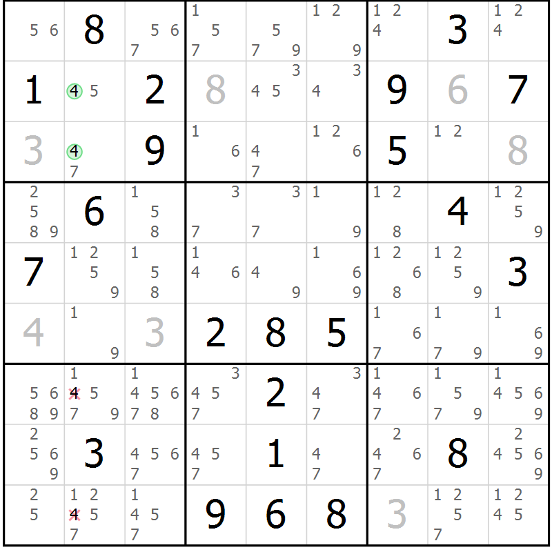 Position des candidats pour la solution de la Gr 109 page 112 du magazine de sudoku Giga sudoku niv 6-8 n° 032
