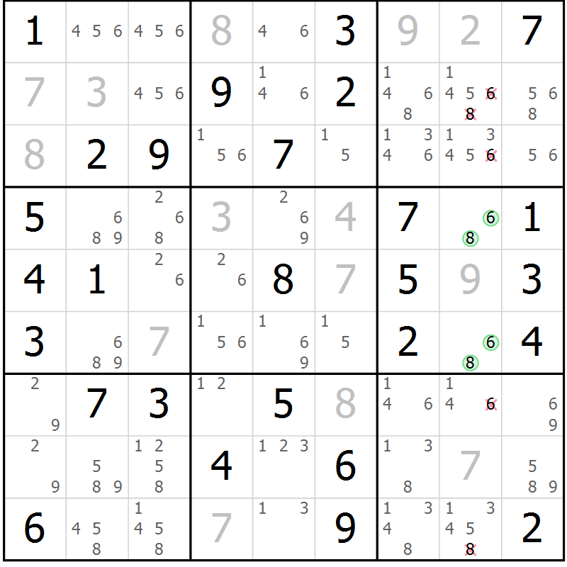 Position des candidats pour la solution de la Gr 11 page 14 du magazine de sudoku Giga sudoku niv 6-8 n° 032