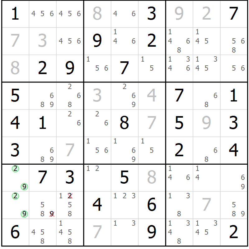 Position des candidats pour la solution de la Gr 11 page 14 du magazine de sudoku Giga sudoku niv 6-8 n° 032