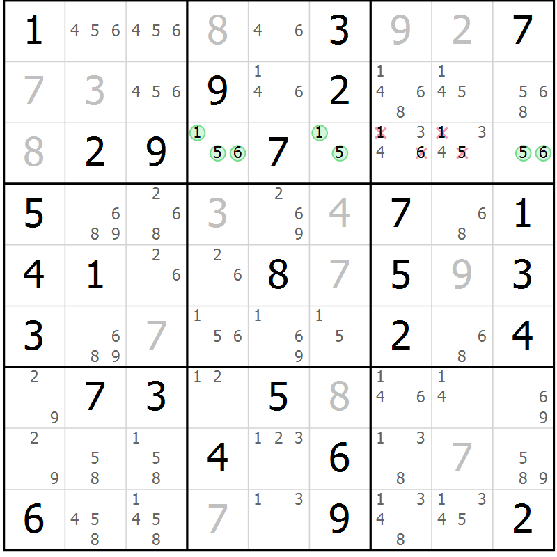 Position des candidats pour la solution de la Gr 11 page 14 du magazine de sudoku Giga sudoku niv 6-8 n° 032