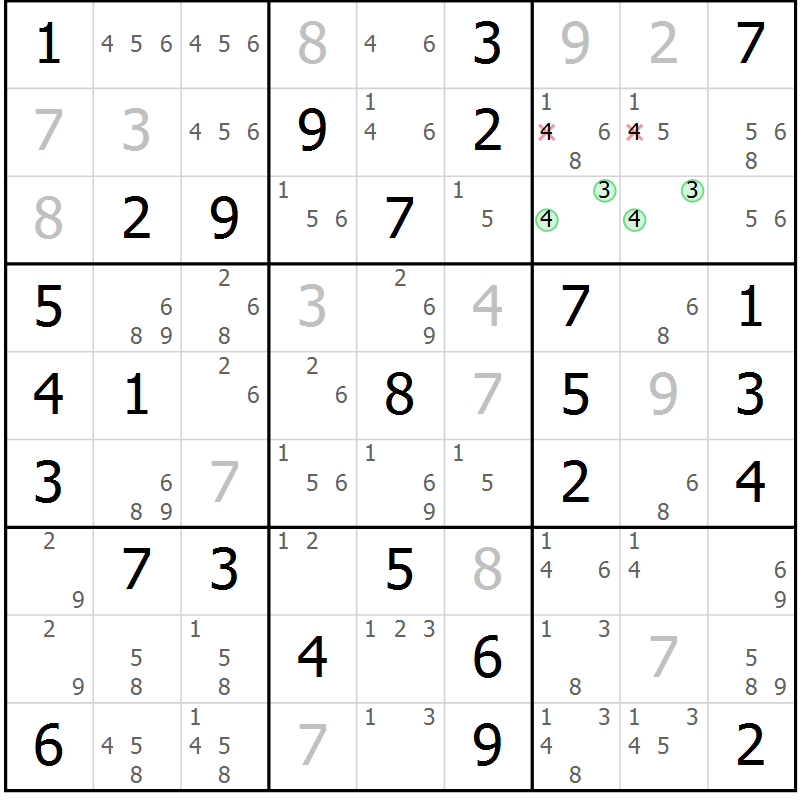 Position des candidats pour la solution de la Gr 11 page 14 du magazine de sudoku Giga sudoku niv 6-8 n° 032