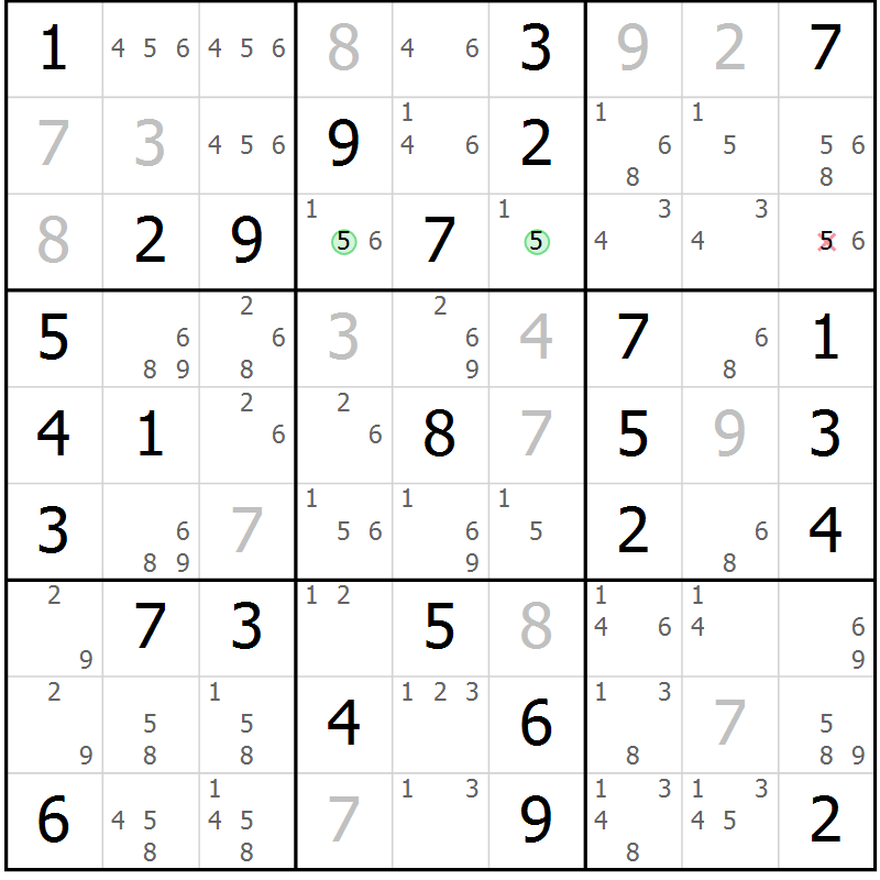 Position des candidats pour la solution de la Gr 11 page 14 du magazine de sudoku Giga sudoku niv 6-8 n° 032
