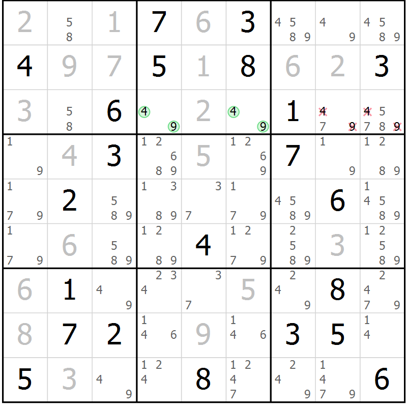Position des candidats pour la solution de la Gr 110 page 113 du magazine de sudoku Giga sudoku niv 6-8 n° 032