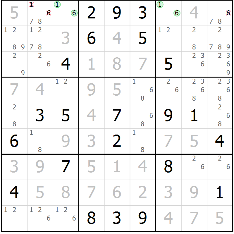 Position des candidats pour la solution de la Gr 111 page 114 du magazine de sudoku Giga sudoku niv 6-8 n° 032