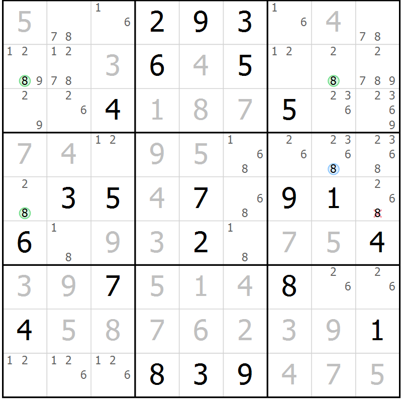 Position des candidats pour la solution de la Gr 111 page 114 du magazine de sudoku Giga sudoku niv 6-8 n° 032