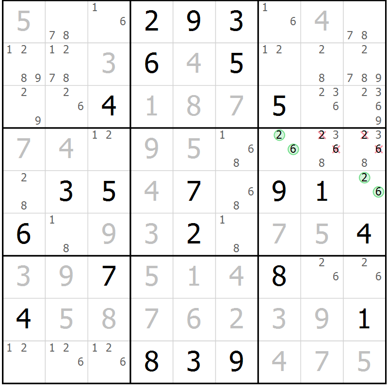 Position des candidats pour la solution de la Gr 111 page 114 du magazine de sudoku Giga sudoku niv 6-8 n° 032