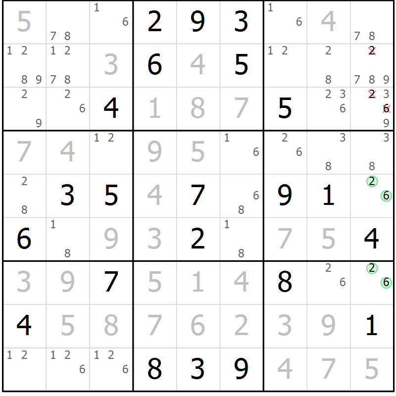 Position des candidats pour la solution de la Gr 111 page 114 du magazine de sudoku Giga sudoku niv 6-8 n° 032