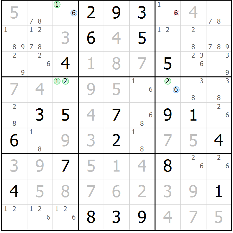 Position des candidats pour la solution de la Gr 111 page 114 du magazine de sudoku Giga sudoku niv 6-8 n° 032