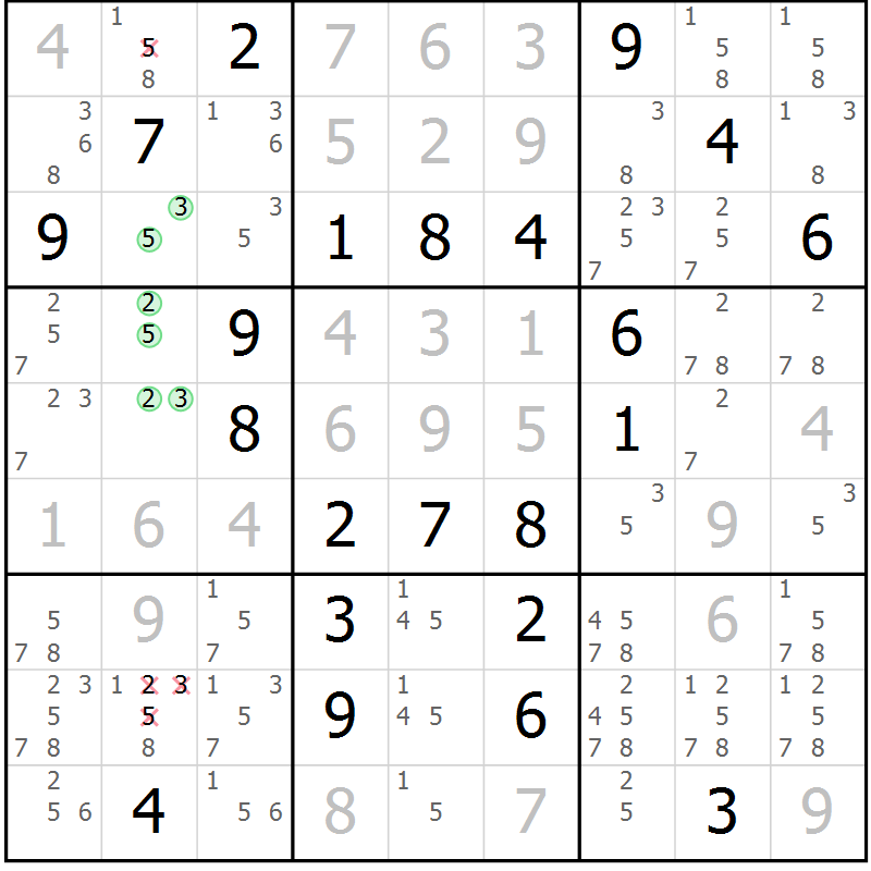 Position des candidats pour la solution de la Gr 112 page 115 du magazine de sudoku Giga sudoku niv 6-8 n° 032