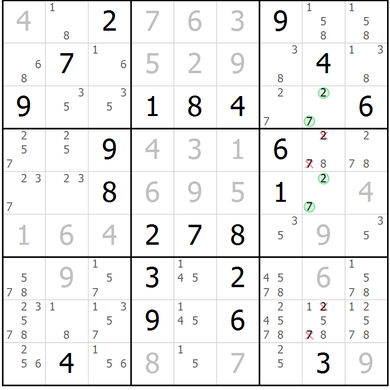 Position des candidats pour la solution de la Gr 112 page 115 du magazine de sudoku Giga sudoku niv 6-8 n° 032
