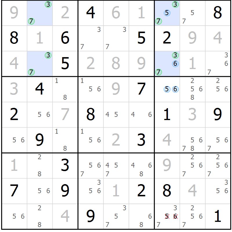 Position des candidats pour la solution de la Gr 113 page 116 du magazine de sudoku Giga sudoku niv 6-8 n° 032