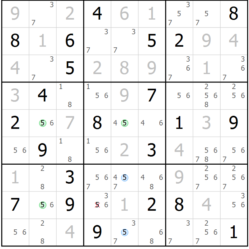 Position des candidats pour la solution de la Gr 113 page 116 du magazine de sudoku Giga sudoku niv 6-8 n° 032