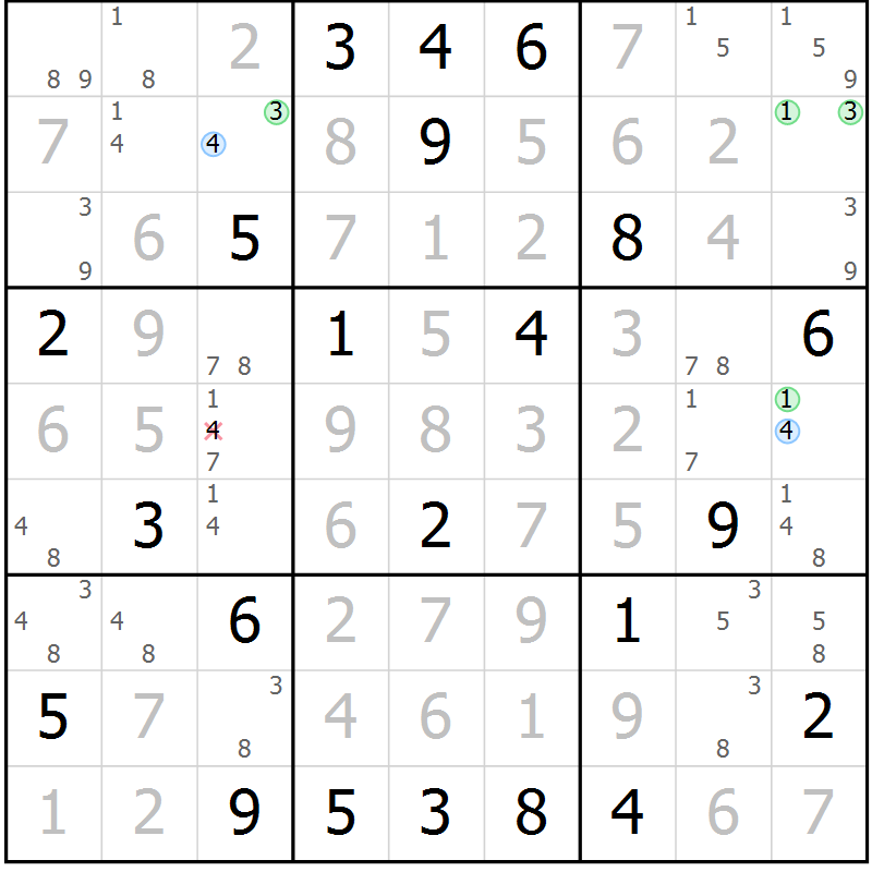 Position des candidats pour la solution de la Gr 114 page 117 du magazine de sudoku Giga sudoku niv 6-8 n° 032