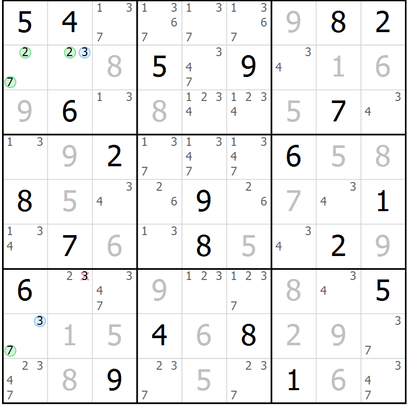 Position des candidats pour la solution de la Gr 115 page 118 du magazine de sudoku Giga sudoku niv 6-8 n° 032