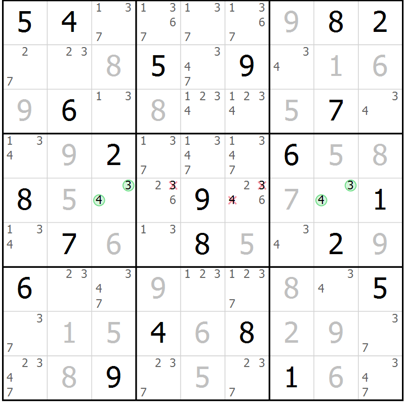 Position des candidats pour la solution de la Gr 115 page 118 du magazine de sudoku Giga sudoku niv 6-8 n° 032