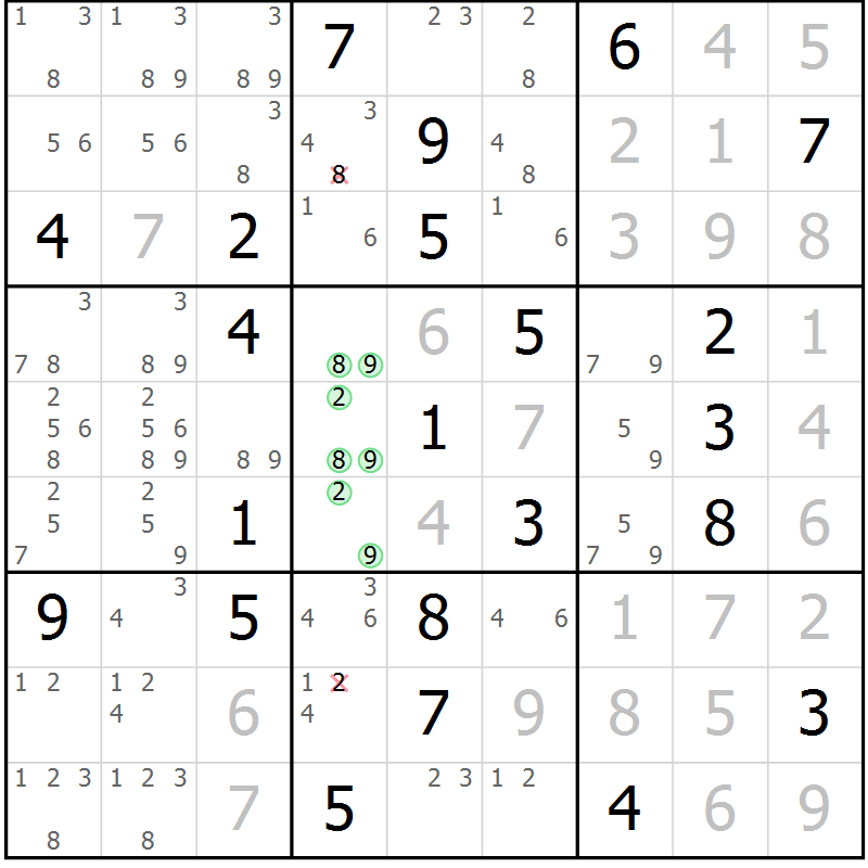 Position des candidats pour la solution de la Gr 116 page 119 du magazine de sudoku Giga sudoku niv 6-8 n° 032