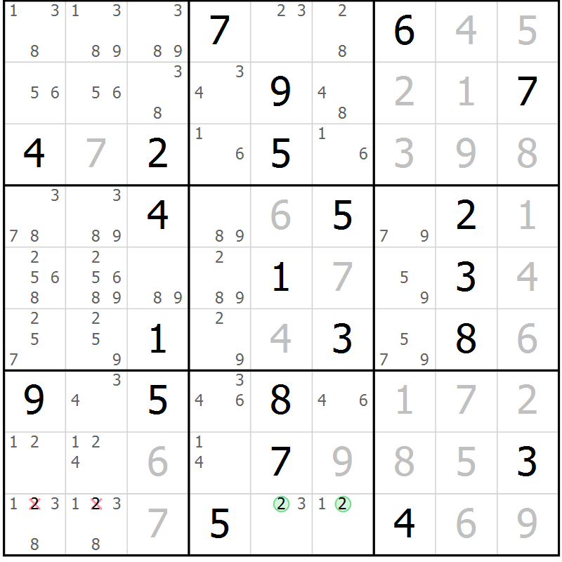 Position des candidats pour la solution de la Gr 116 page 119 du magazine de sudoku Giga sudoku niv 6-8 n° 032