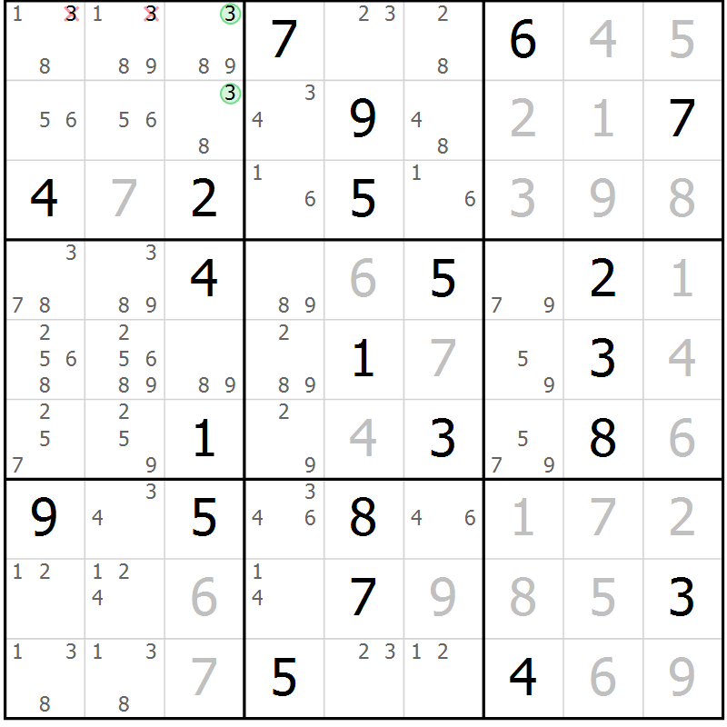 Position des candidats pour la solution de la Gr 116 page 119 du magazine de sudoku Giga sudoku niv 6-8 n° 032