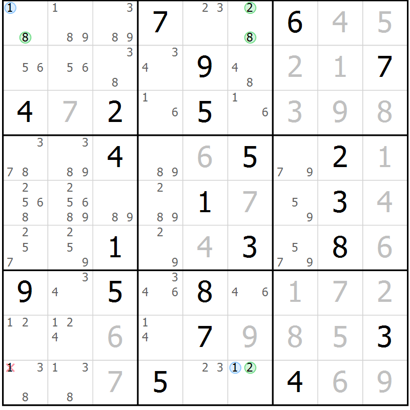 Position des candidats pour la solution de la Gr 116 page 119 du magazine de sudoku Giga sudoku niv 6-8 n° 032