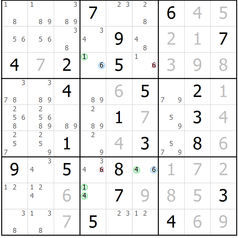 Position des candidats pour la solution de la Gr 116 page 119 du magazine de sudoku Giga sudoku niv 6-8 n° 032