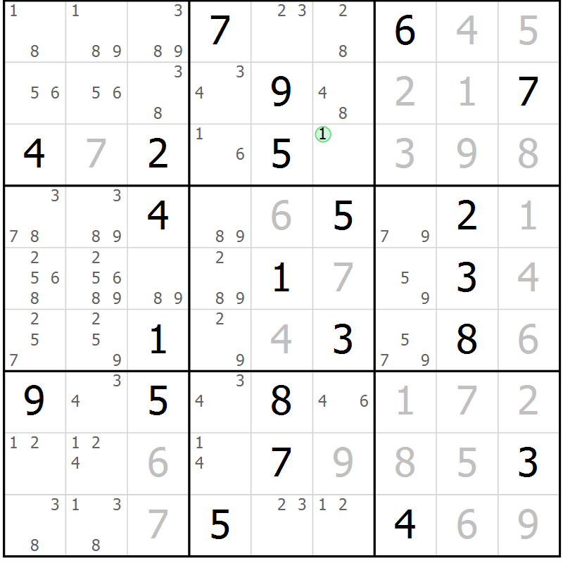 Position des candidats pour la solution de la Gr 116 page 119 du magazine de sudoku Giga sudoku niv 6-8 n° 032