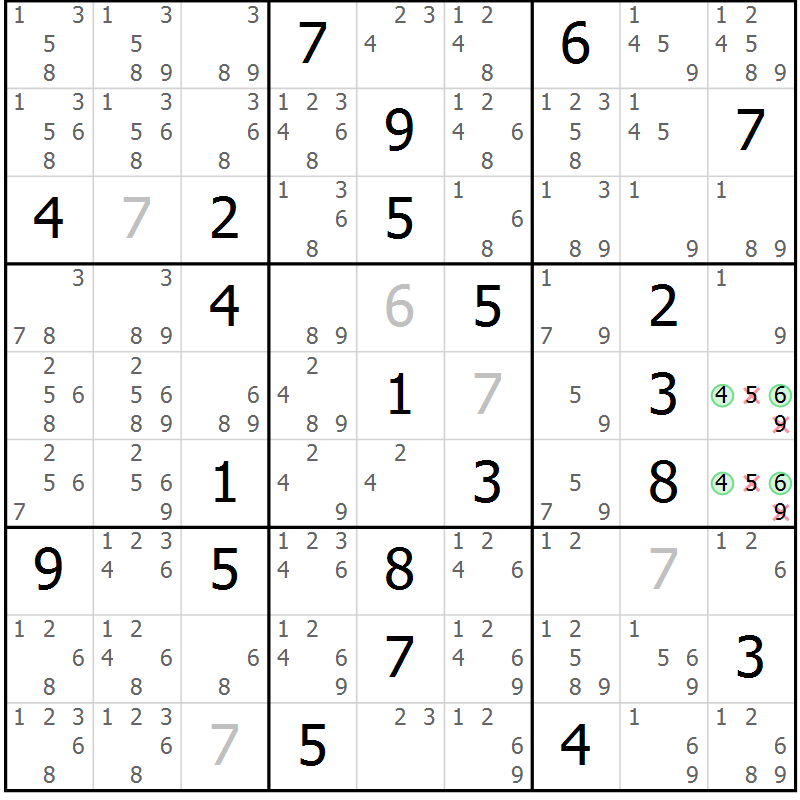 Position des candidats pour la solution de la Gr 116 page 119 du magazine de sudoku Giga sudoku niv 6-8 n° 032