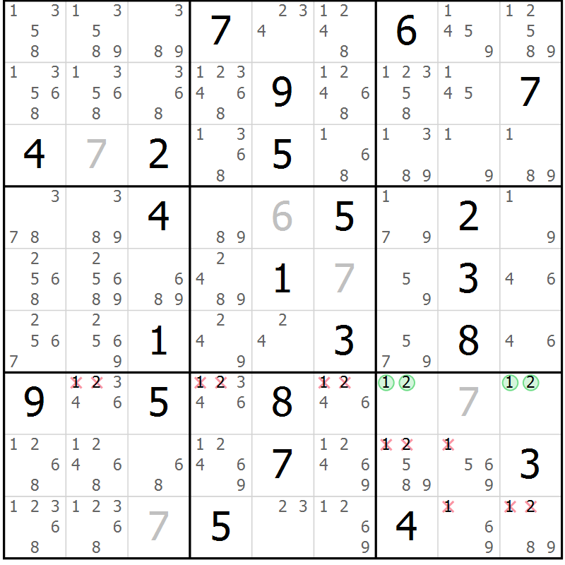 Position des candidats pour la solution de la Gr 116 page 119 du magazine de sudoku Giga sudoku niv 6-8 n° 032
