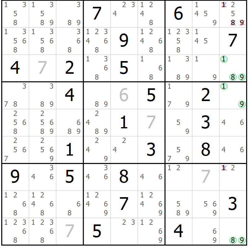 Position des candidats pour la solution de la Gr 116 page 119 du magazine de sudoku Giga sudoku niv 6-8 n° 032