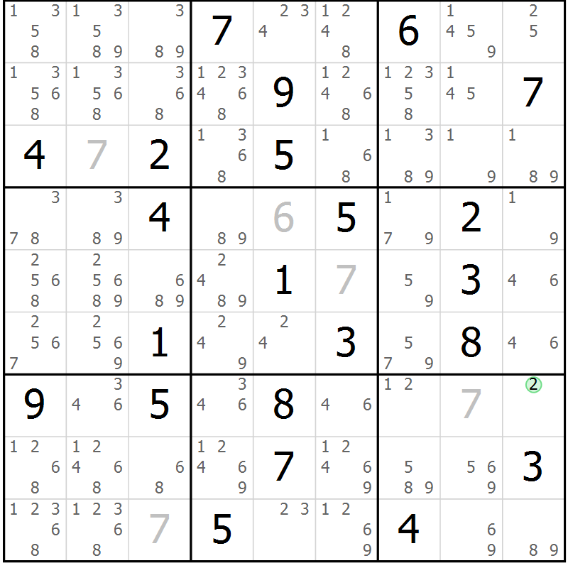 Position des candidats pour la solution de la Gr 116 page 119 du magazine de sudoku Giga sudoku niv 6-8 n° 032