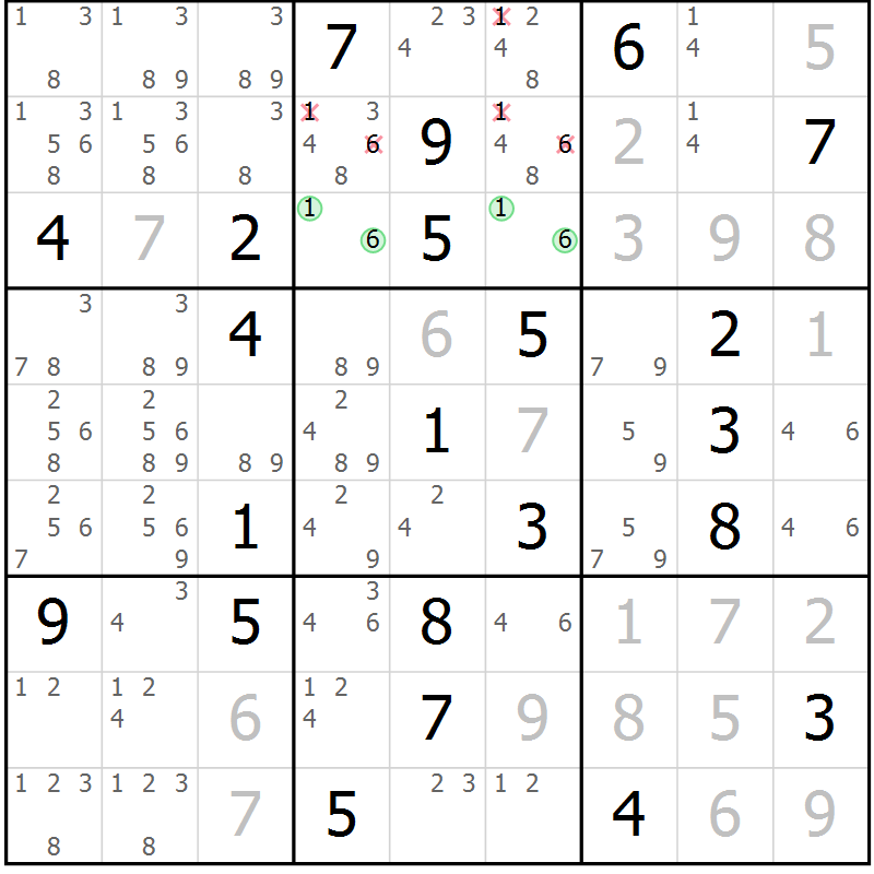 Position des candidats pour la solution de la Gr 116 page 119 du magazine de sudoku Giga sudoku niv 6-8 n° 032