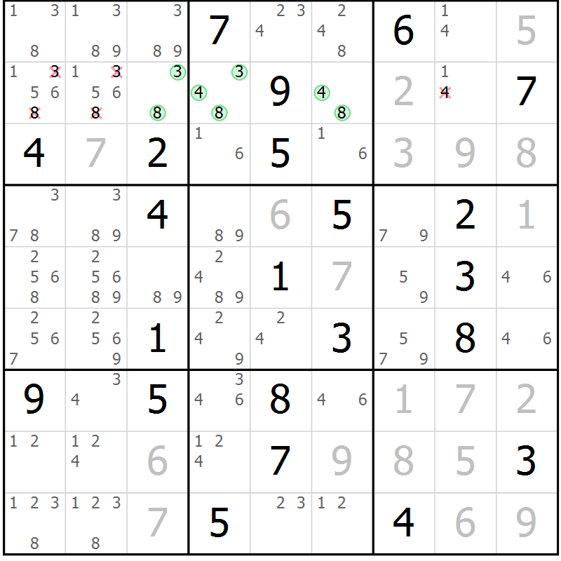 Position des candidats pour la solution de la Gr 116 page 119 du magazine de sudoku Giga sudoku niv 6-8 n° 032