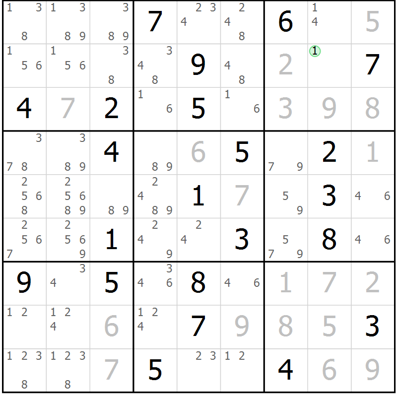 Position des candidats pour la solution de la Gr 116 page 119 du magazine de sudoku Giga sudoku niv 6-8 n° 032