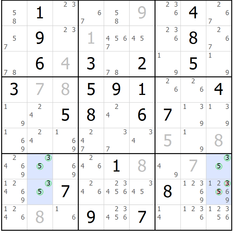 Position des candidats pour la solution de la Gr 117 page 120 du magazine de sudoku Giga sudoku niv 6-8 n° 032