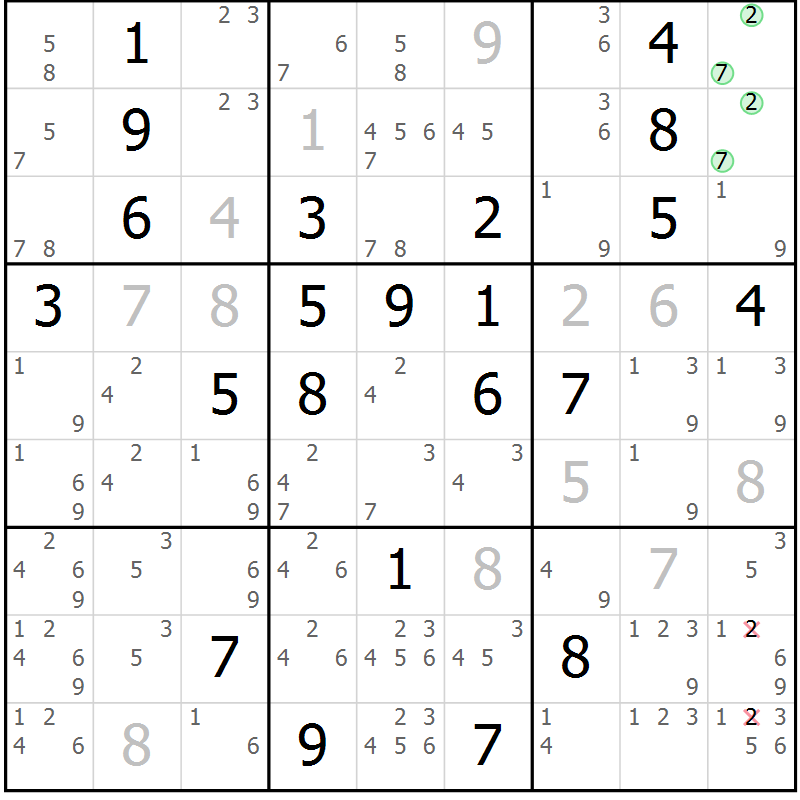 Position des candidats pour la solution de la Gr 117 page 120 du magazine de sudoku Giga sudoku niv 6-8 n° 032